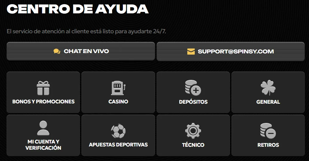 Spinsy Casino Centro de Ayuda Spinsy Casino centro de ayuda con chat en vivo, soporte por correo y categorías de asistencia