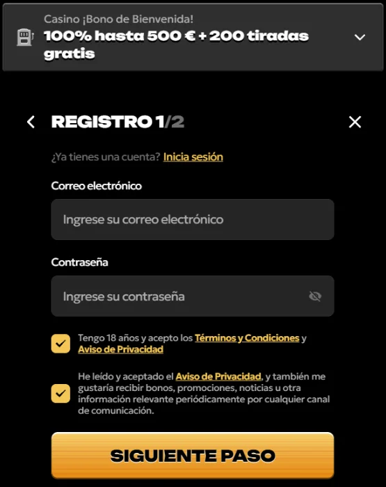 Spinsy Casino Registro Bono de Bienvenida Spinsy Casino formulario de registro con bono de bienvenida de 500 € y 200 tiradas gratis